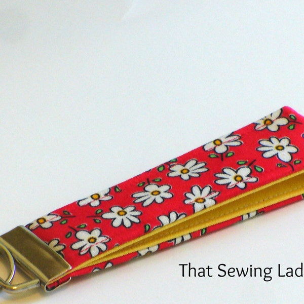 Fabric Key Fob - Key Chain, Daisy's on Red with Yellow Lining, Ready to Ship