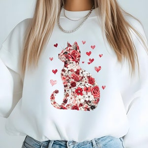 Floral Cat Valentine Sweatshirt, Cute Cat Valentine Shirt, Valentine day cat shirt, Cat lover Valentine shirt, Cat Mom shirt, Gift for Her