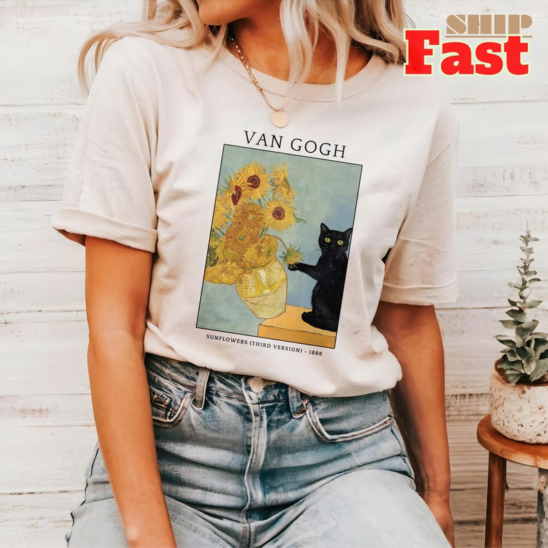 Funny Van Gogh inspired black cat shirt with sunflower print