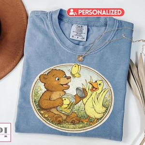 Personalized Little Bear & Duck Shirt, Comfort Colors® Vintage Woodland Animals Tee, Cute Bear Duck Friendship T-Shirt, Cottagecore Gift image 1