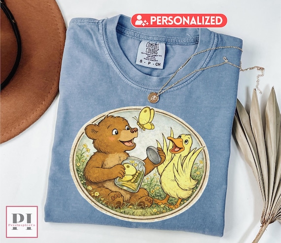 Personalized Little Bear & Duck Shirt, Comfort Colors® Vintage Woodland Animals Tee, Cute Bear Duck Friendship T-Shirt, Cottagecore Gift