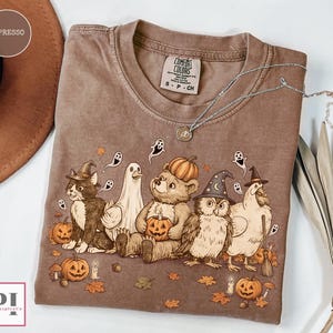 Op de afbeelding: Een espresso-kleurig t-shirt met korte mouwen en een grafische print van een kat, een gans, een beer, een uil en een kip in Halloween-kostuums. Het ontwerp bevat pompoenen, kleine spookjes en herfstbladeren. Het shirt heeft een Comfort Colors label.