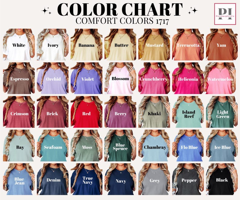 May include: A color chart displays a variety of Comfort Colors 1717 t-shirts in various colors. The chart includes colors such as white, ivory, banana, butter, mustard, terracotta, yam, espresso, orchid, violet, blossom, and more.