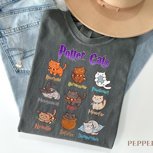 Puede incluir: Camiseta gris oscuro con el texto "Potter Cats" en morado, con ilustraciones de gatos de dibujos animados. La camiseta está doblada sobre unos vaqueros azules y un sombrero beige. La camiseta tiene varios personajes de gatos con nombres como "Rawrisald" y "Hermesumie".