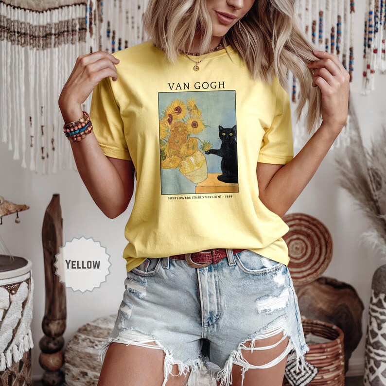 Black cat with sunflowers graphic tee, artistic cat lover shirt