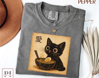 Maglietta Comfort Colors Ramen con gatto nero, maglietta vintage con noodles giapponesi