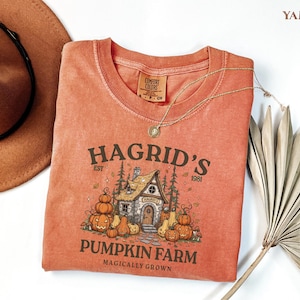 May include: Orange-red t-shirt with a round neck featuring a graphic of Hagrid's Pumpkin Farm. The design includes a house, pumpkins, and the text "Hagrid's Pumpkin Farm" and "Magically Grown". A gold necklace and a brown hat are also visible.