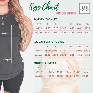 May include: Size chart for unisex t-shirts, sweatshirts/hoodies, and youth t-shirts. Measurements are in inches for width and length. Includes sizes S, M, L, XL, 2XL, and 3XL for some items. The chart is in a green and white color scheme.