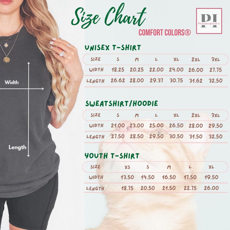 May include: Size chart for unisex t-shirts, sweatshirts/hoodies, and youth t-shirts. Measurements are in inches for width and length. Includes sizes S, M, L, XL, 2XL, and 3XL for some items. The chart is in a green and white color scheme.