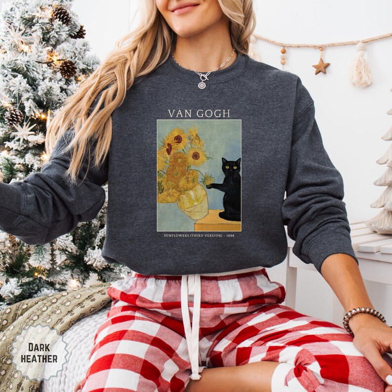 Floral Van Gogh cat hoodie with colorful flowers and vintage art