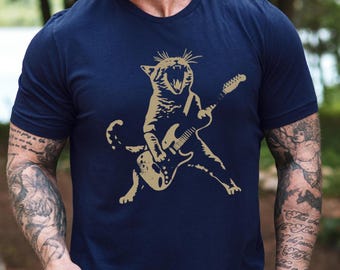Rock Cat Guitar T-Shirt, Vintage Music Lover Cat Tee, Heavy Metal Cat Shirt, Rock and Roll Guitar Cat Shirt, Gift for Musicians & Rock Fans