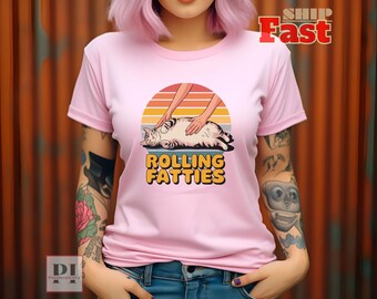 Rolling Fatties Cat T-Shirt: Funny Chubby Cat Meme, Retro Vintage Style