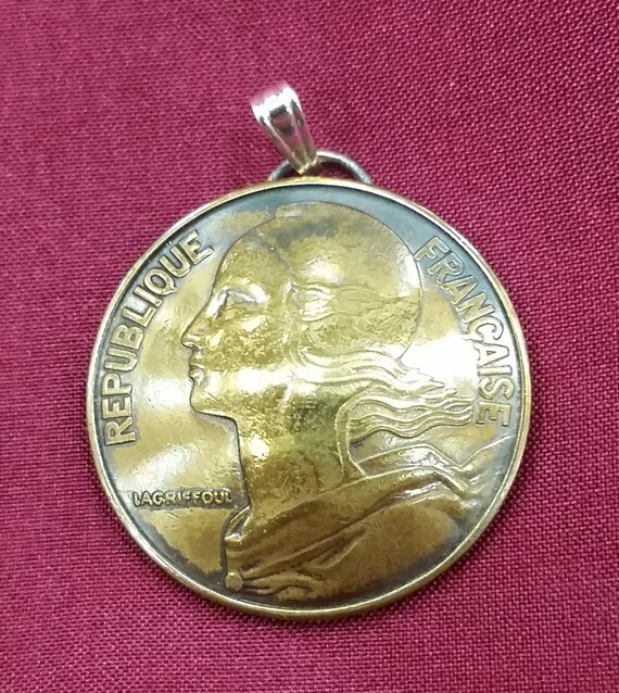 Pre 1940  FRANCE ART DECO Lady Liberty Franc Coin Pendant 24" Gold Filled Chain 