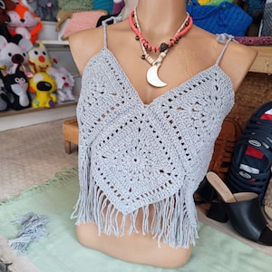 Handmade Crochet Crop Top – Boho Summer Festival Top with Tassels & Adjustable Straps