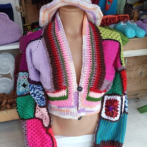 Handmade Crochet Patchwork Crop Cardigan: Colorful Boho Knit Sweater