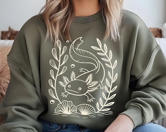 Sweat-shirt axolotl confortable, col rond avec dessin au trait salamandre aquatique
