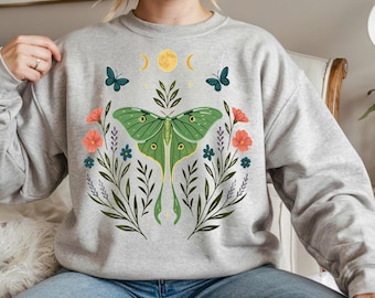 Luna Moth Sweatshirt, Moon Phase Botanical Pullover, Astrology Gift