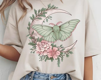 Luna Moth T-Shirt, Crescent Moon Floral Graphic, Cottagecore Clothing