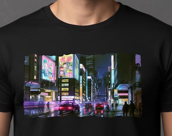 Cyberpunk City T-shirt, neon Tokyo Street graphic T-shirt, futuristisch Night City-shirt