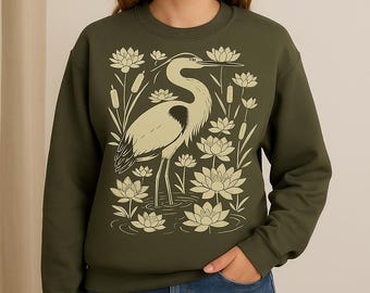 Heron Sweatshirt: Botanical Linocut, Bird Lover Crewneck