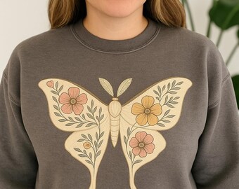 Floral Luna Moth Sweatshirt, Boho Cottagecore Crewneck