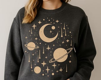 Sudadera con Luna y Planetas Celestiales, Suéter Espacial Astrológico Vintage