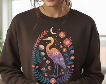 Heron Floral Moon Sweatshirt, Celestial Bird Crewneck