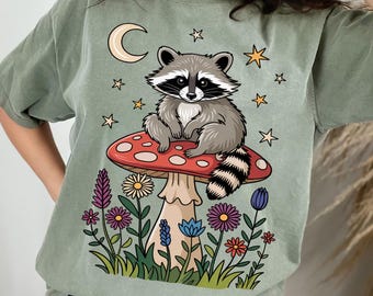 Raccoon Mushroom Graphic Tee, Cottagecore Forest Animal T-Shirt