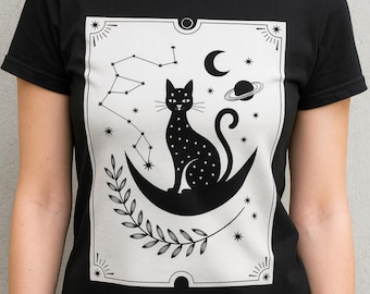 Celestial Black Cat Comfort Colors Tee, Witchy Gothic, Starry Cat Gift