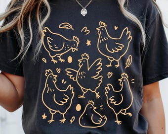 Vintage Comfort Colors Chicken T-Shirt, Farm Hen Line Art