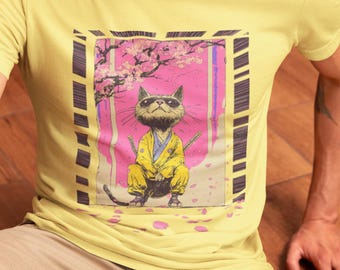 Chemise unisexe chat samouraï | T-shirt streetwear guerrier japonais