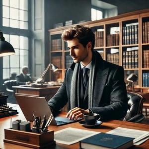 May include: A man in a dark suit and gray scarf sits at a desk in a library setting, working on a laptop computer. He has a cup of coffee on the desk in front of him.
