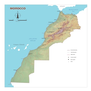 Relief Map of Morocco | Topographic Map of Morocco | High-Resolution Morocco Map | Digital Download Relief Map | Instant Download Morocco