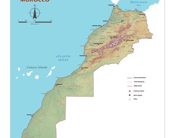 Relief Map of Morocco | Topographic Map of Morocco | High-Resolution Morocco Map | Digital Download Relief Map | Instant Download Morocco