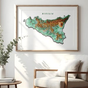 Een afdrukbare schaduwreliëfkaart van Sicilië | Digitale topografische kaart | Hoogtekaart met hoge resolutie | Direct downloaden terreinkaart 3DArtistic