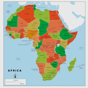 Afdrukbare politieke kaart van Afrika | Landsgrenzen en hoofdsteden | Educatieve wandkunst | Kantoor- en klaslokaaldecoratie, kaart van Afrika, cadeaukaart