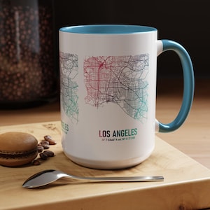 Xícara de café de cerâmica | Caneca com mapa de Los Angeles | Presente de viagem | Design de mapa de Los Angeles | Alça colorida | Pode ir ao micro-ondas e à máquina de lavar louças | Caneca Mapa da Cidade