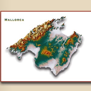Druckbare Mallorca-Reliefkarte | Palma Karte, Dekor, Geschenk | Digitaler Download | Home-Office-Reise-Wanddekoration | Reliefinsel-Poster | Spanien Karte
