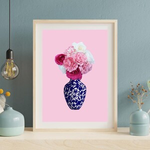 Póster de jarrón floral: arte de pared minimalista con tonos rosa y azul: decoración moderna para sala de estar, dormitorio u oficina: arte de pared botánico