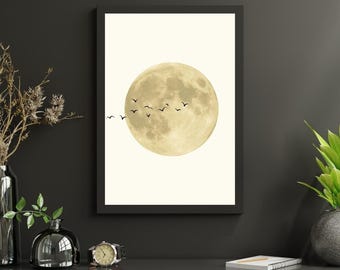 Stampa artistica della luna piena: poster lunare minimalista con uccelli 2026