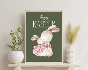 May include: A printable digital download featuring a watercolor illustration of two bunnies hugging on a green background. The text "Happy Easter" is written in white above the bunnies.