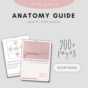 May include: Two digital tablets displaying educational content. One shows a diagram of the hair growth cycle, the other an anatomy guide. Text includes "ANATOMY GUIDE", "Level 3", "200+ pages", and "SHOP NOW". The background is light gray with pink accents.