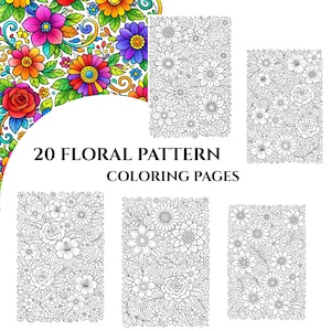 May include: A collection of 20 floral pattern coloring pages. The image features a colorful, detailed floral design in the upper left corner, with a variety of black and white floral patterns. The text "20 FLORAL PATTERN COLORING PAGES" is displayed.