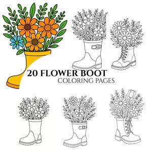 Puede incluir: Imagen promocional de 20 páginas para colorear de botas con flores. La imagen presenta una bota de agua amarilla con flores naranjas y azules, y varios dibujos lineales en blanco y negro de botas con arreglos florales.