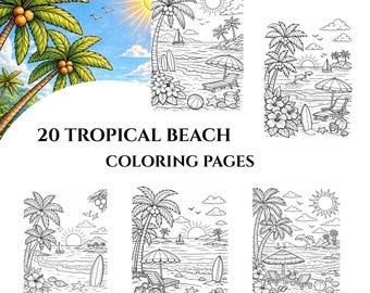 20 kleurplaten tropisch strand – grijstinten (afdrukbare pdf)