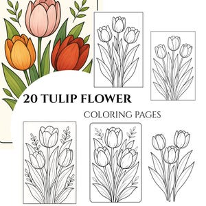 20 Tulip Flower Coloring Pages - Adults And Kids Coloring Book, Greyscale, baby shower, Color Sheets, Instant Download, Printable PDF File.