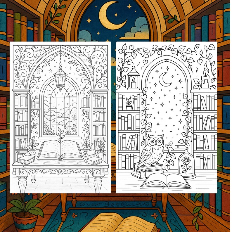Enchanted Library Coloring Pages: 20 Fantasy Book Illustrations ...