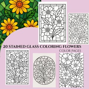 ステンドグラスの花の塗り絵：グレースケールの花のデザイン（PDFダウンロード可能）