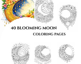40 kleurplaten bloeiende maan – galactische bloemen, hemelse bloemmotieven (digitale download)