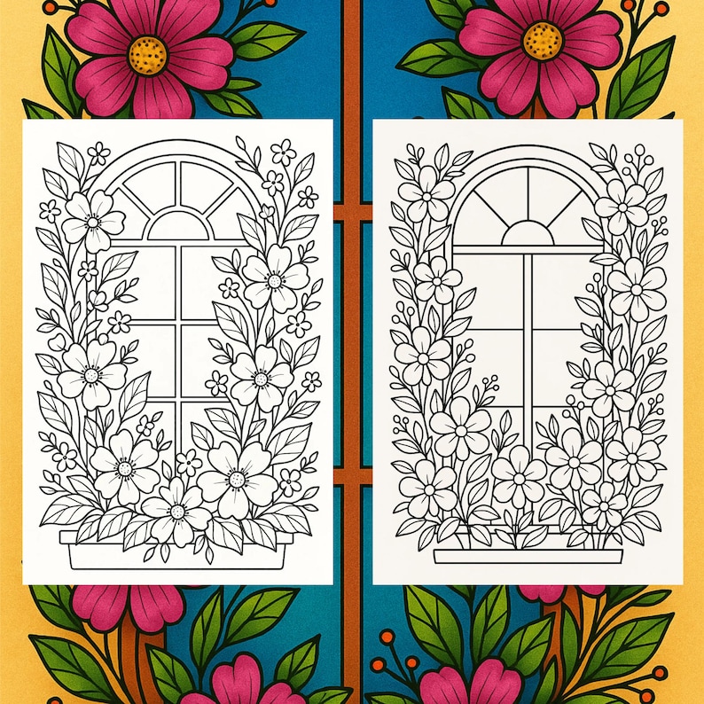 Floral Window Coloring Pages: Grayscale Illustrations (printable PDF ...